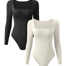 欧美2023跨境外贸性感修身罗纹新款紧身方领长袖连体衣女