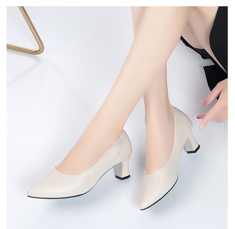 Giày cao gót nữ mũi nhọn da thật gót thô chống trượt — Màu be chi tiết 20