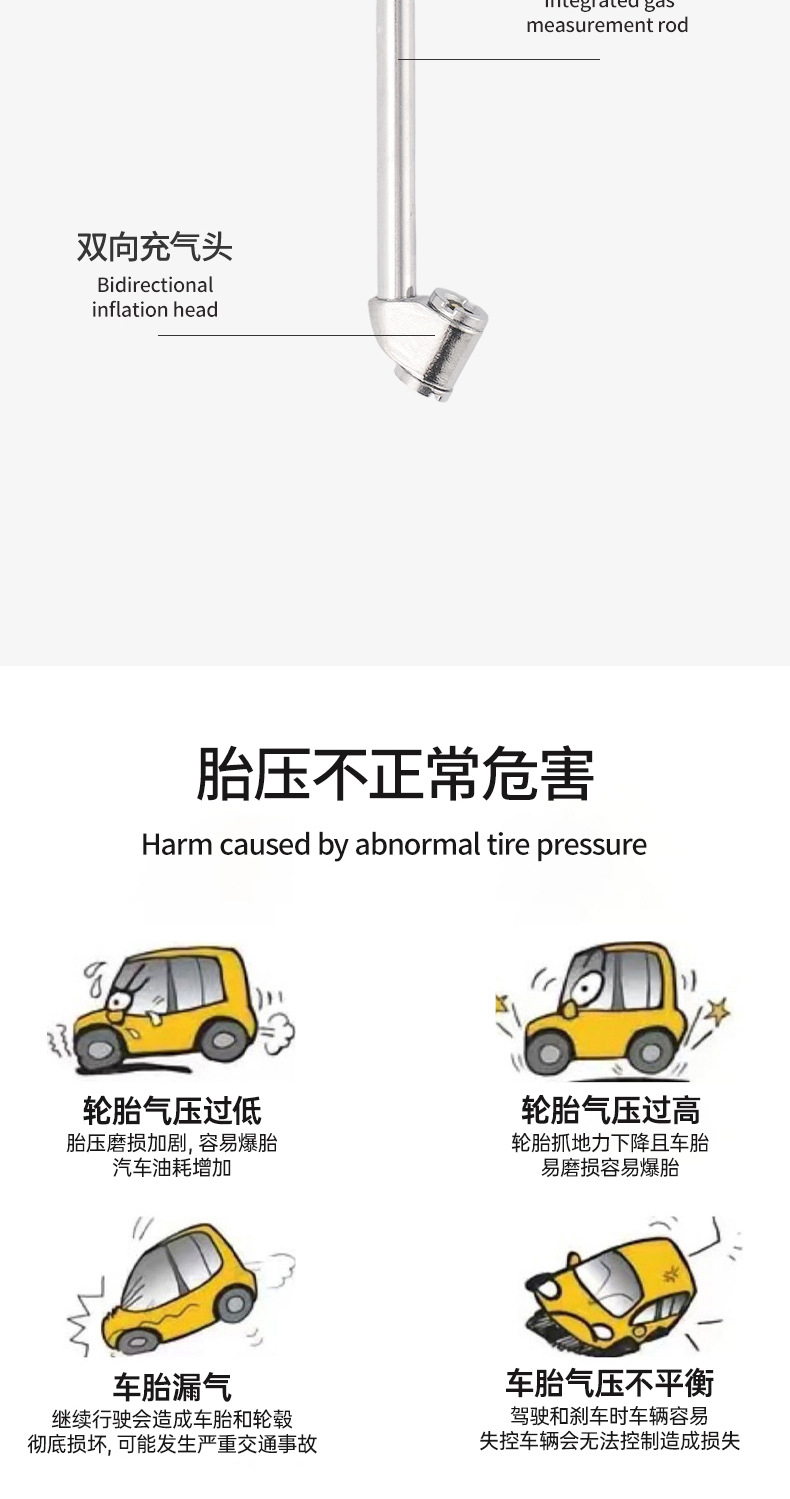 Dual-head air nozzle truck and car tire quick inflation tool, inflating rod, air release valve, inflating nozzle, tire pressure gauge