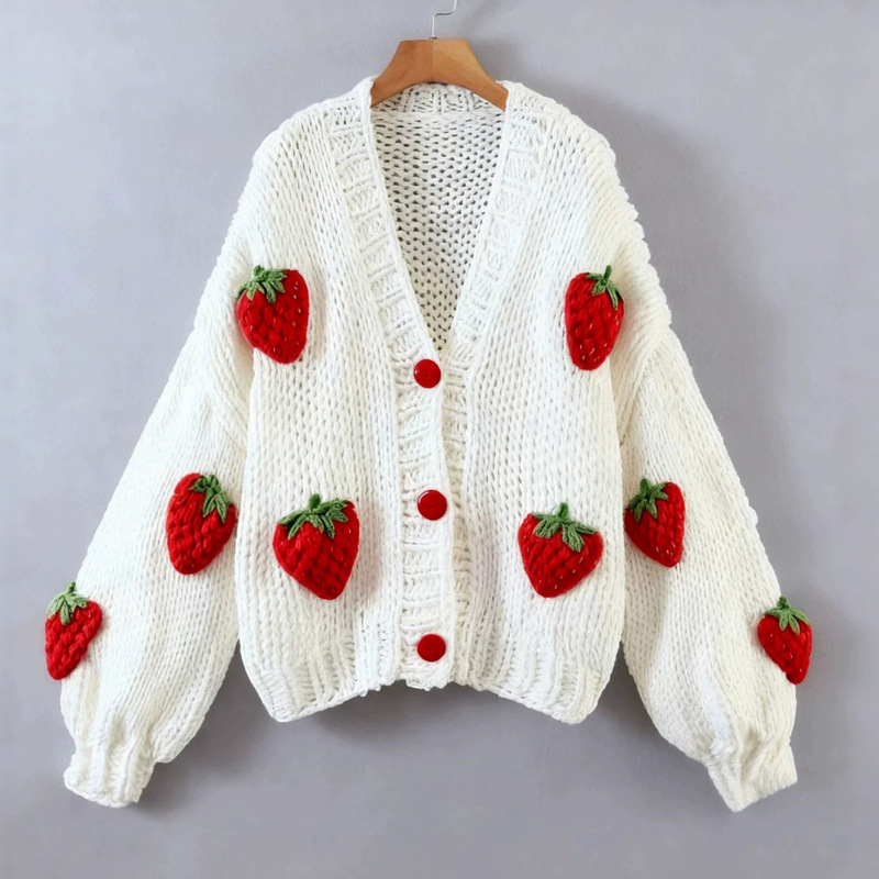European and American Style Lantern Sleeve Knitted Sweater Cardigan for Women, 2026 Autumn and Winter Loose Design Cute Strawberry Top European and American Style Lantern Sleeve Knitted Sweater Cardigan for Women, 2026 Autumn and Winter Loose Design Cute Strawberry Top