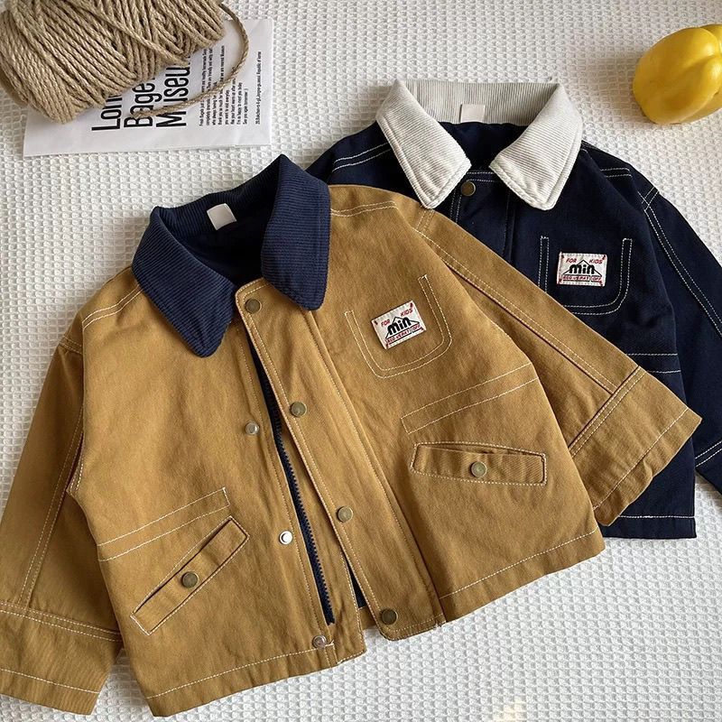 2026 Spring Children's Cotton Jacket Boys' Workwear Jacket Toddler Boys' Jacket Baby Boys' Turn-Down Collar Top