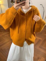 韩系加厚纯色连帽毛衣外套女复古秋冬新款显白百搭慵懒针织衫上衣