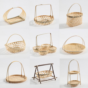 Handmade bamboo basket household tea tray fruit basket pastry tray creative small bamboo basket wedding bamboo basket
