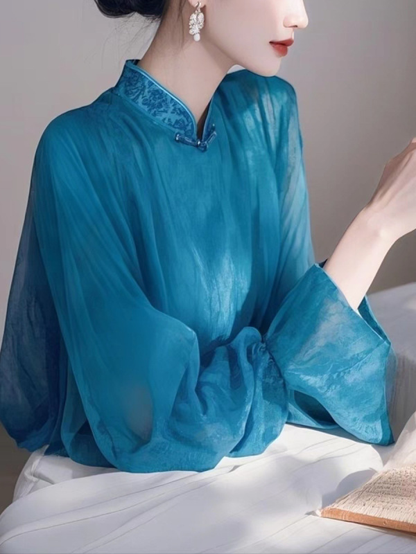2025春の服の新型のきれいな小さいシャツのフランスの高級感の上着の超美しい気質の青い方襟のシフォンのシャツ|undefined