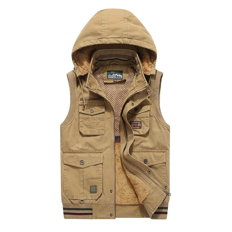 Толстый теплый жилет на флисовой подкладке с капюшоном и несколькими карманами, зимний жилет для среднего и пожилого возраста, хлопковый жилет больших размеров, хлопковый жилет