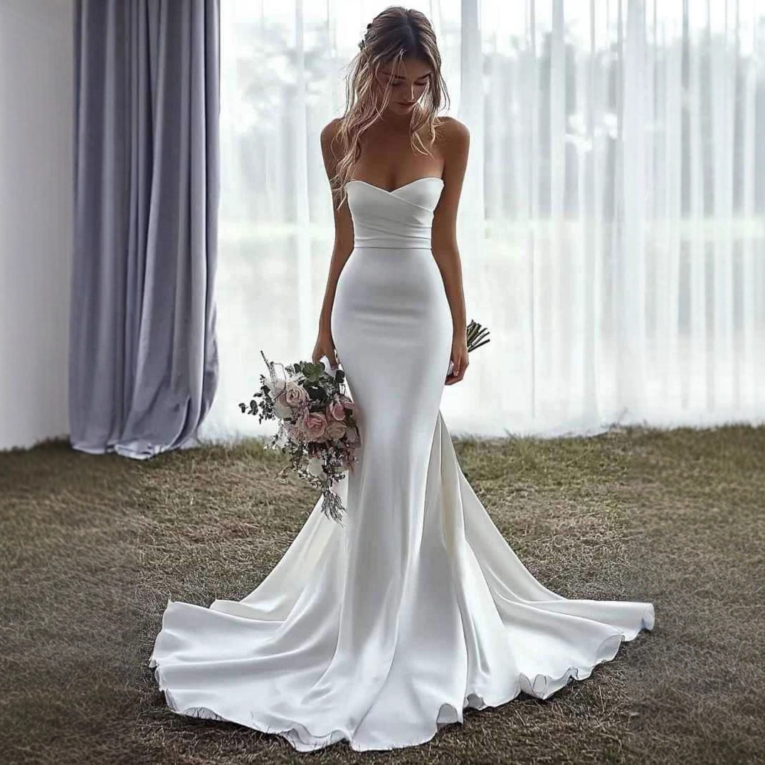 French-Style Strapless Light Wedding Dress with a High-End Feel, Simple Satin Forest Style, Ultra-Fairy Bride's Welcome Gown, Mermaid Dress