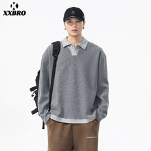 xxbro男装#秋冬长袖重磅380g华夫格polo衫拼接假2件休闲潮流T恤男