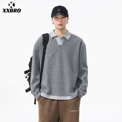xxbro男装#秋冬长袖重磅380g华夫格polo衫拼接假2件休闲潮流T恤男