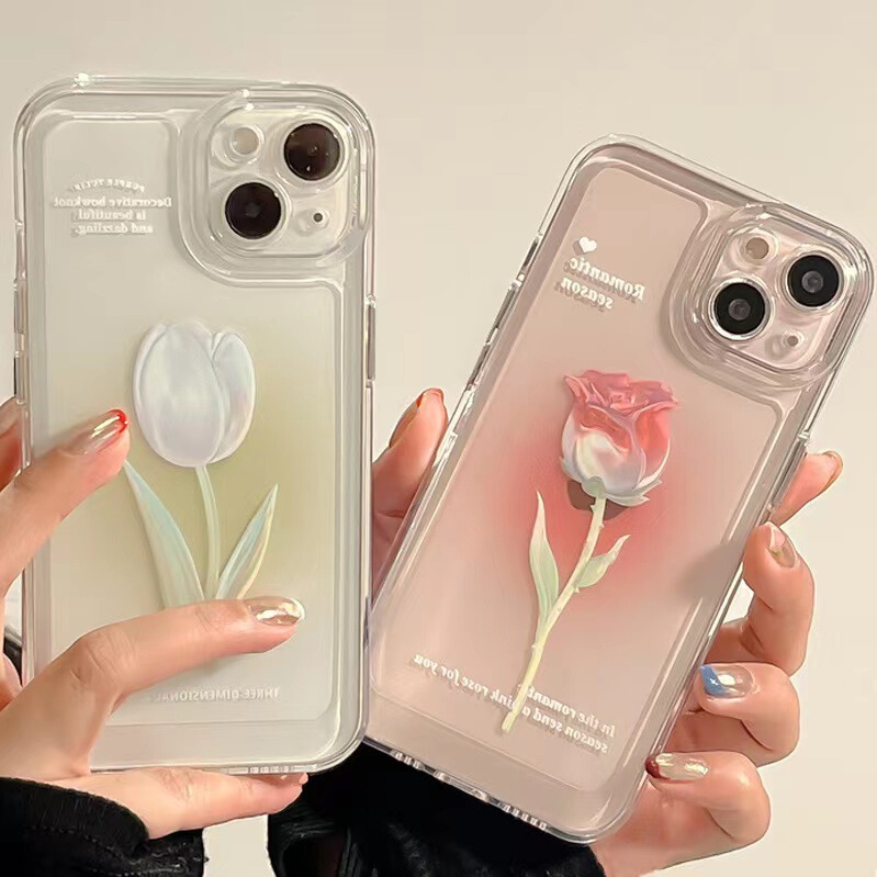 Japanese and Korean Floral Couple 17 Space Case Suitable for Apple 16 Pro Max Phone Case 15 Transparent Painted Soft Protective Cover