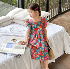 Girls skirt flying sleeves lace-up flower dress princess skirt 24 summer clothes new foreign trade children's clothing drop shipping 3-8 years old