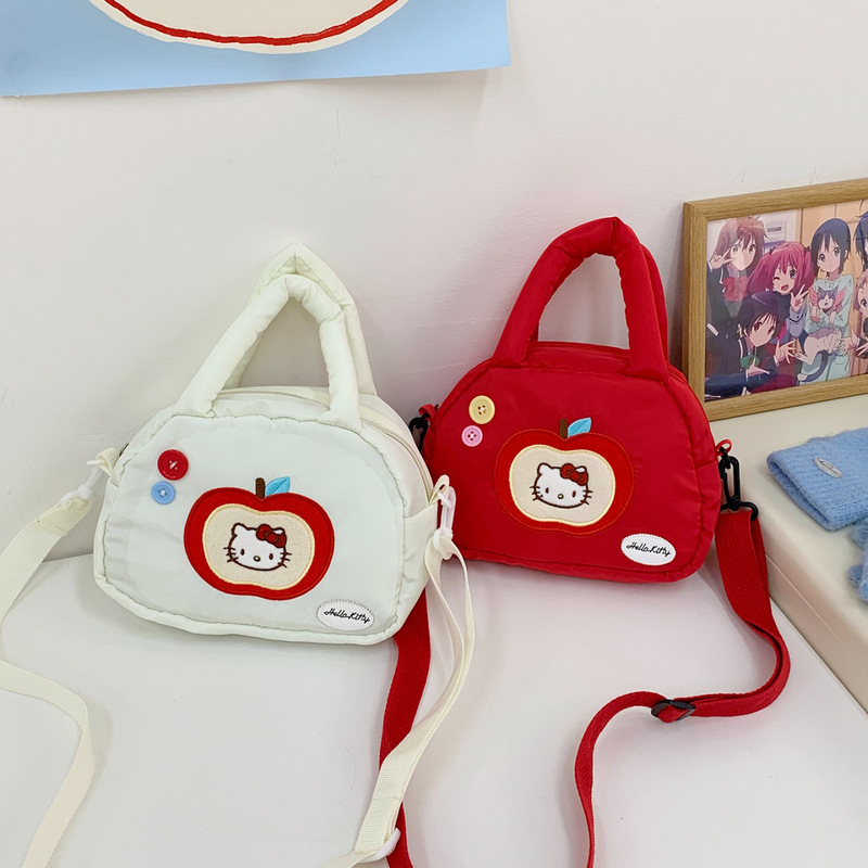 Cute Cartoon Japanese Style down Cotton Handbag Embroidered Apple Kitty Crossbody Bag Doll Shoulder Bag Cosmetics Bag