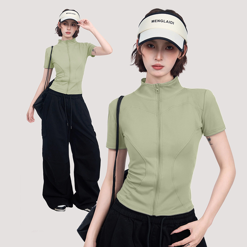 Gray Yoga Wear Sports Short-Sleeved Top for Women in Spring and Summer, Waist-Cinching, Half-High Collar, Slim-Fitting, Short, Straight-Shoulder, Quick-Drying T-Shirt Gray Yoga Wear Sports Short-Sleeved Top for Women in Spring and Summer, Waist-Cinching, Half-High Collar, Slim-Fitting, Short, Straight-Shoulder, Quick-Drying T-Shirt