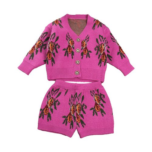 New knitted children's suit for girls, ethnic style printed sweater cardigan + shorts, girls' autumn and winter personalized outfits