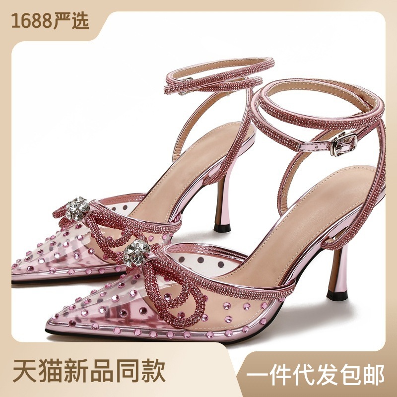 Huizhou New Rhinestone Transparent High-heeled Sandals Women's Fine Heeled Pointed European and American High-heeled Shoes with Baotou for Foreign Trade