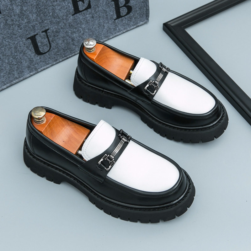 Giày lười nam da PU đế dày kiểu Anh, giày moccasin trơn đầu tròn — A0137 bề mặt đen bóng, A0137 màu đen, A0137 trắng đen