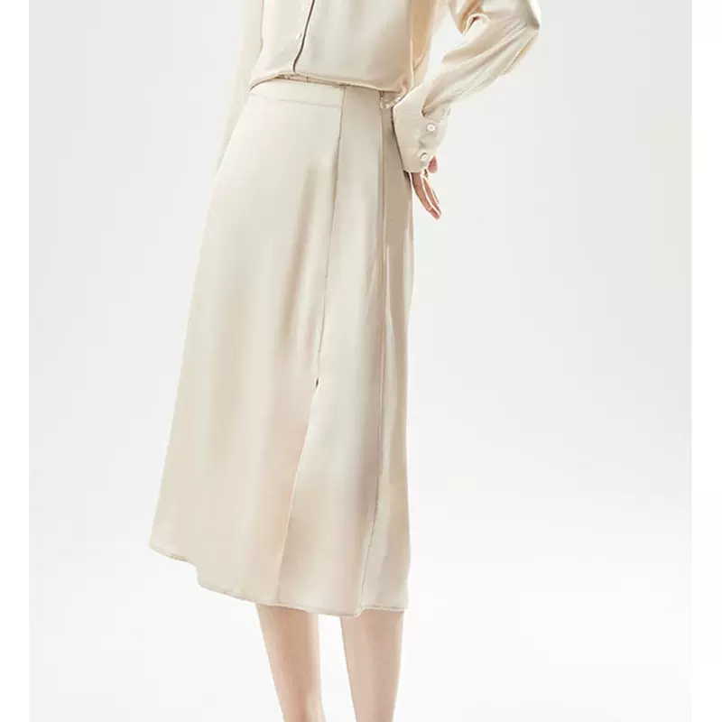 2026年夏季新款法式女重磅桑蚕丝优雅百搭纯色高腰修身开衩半身裙