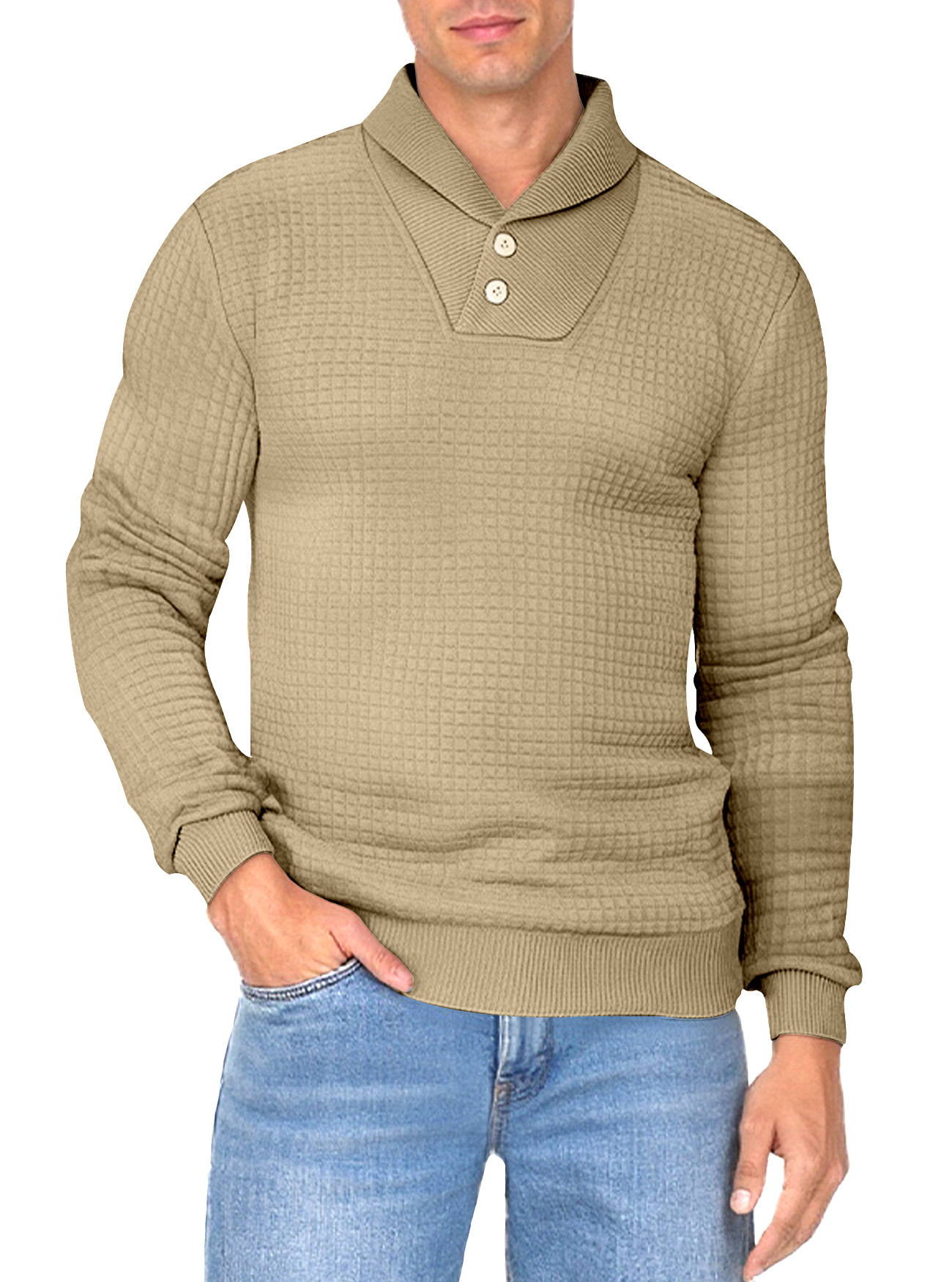 Transfronterizo Europa y América Amazon nuevo hombre pequeño cuadrado Jacquard botón de solapa Waffle camiseta casual de manga larga para hombre