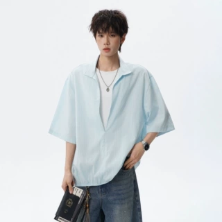 美式慵懒风假两件短袖衬衫男女夏季薄款宽松潮流仿亚麻半截袖T恤