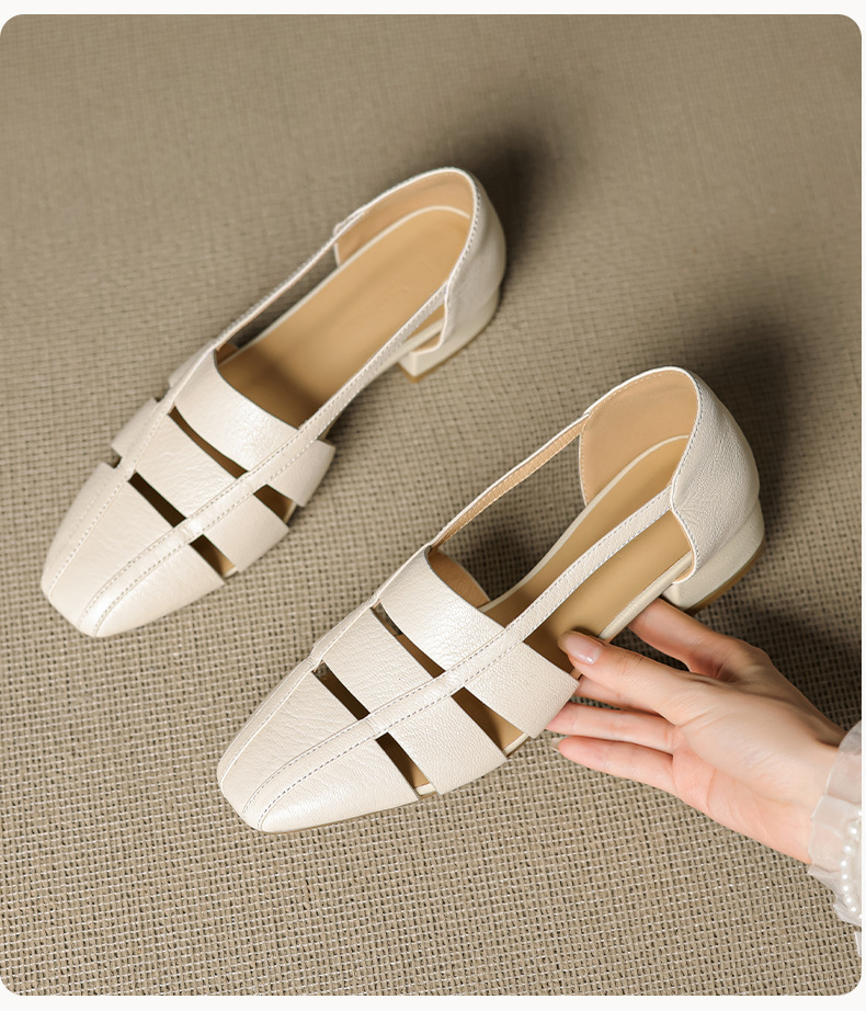 Dép sandal nữ bao đầu rỗng gót thấp 3 cm, mũi tròn kiểu dệt, phong cách đơn giản đi làm — đen chi tiết 15