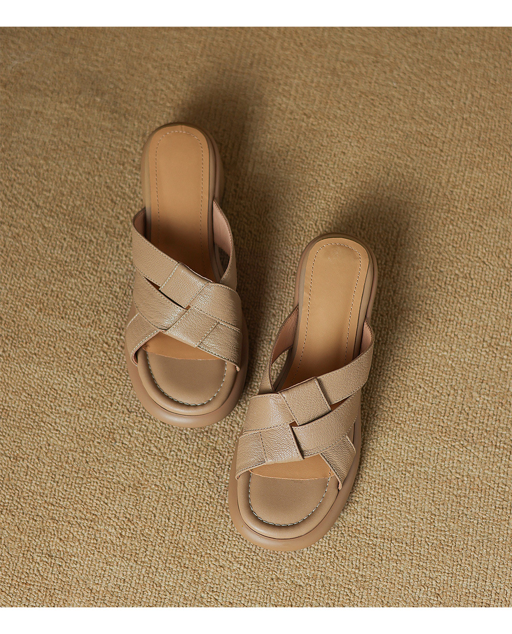 Sandal nữ hở mũi dệt da dê gót cao 7 cm — màu trắng ngà chi tiết 15