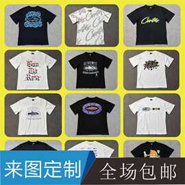 Logo字母印花潮牌圆领系列T恤T恤高街外贸批发短袖短袖男女黑粉棉
