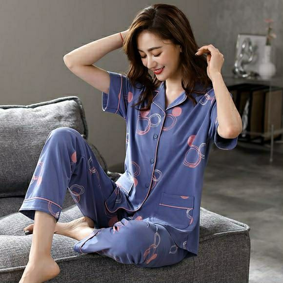 Pijamas pantalones de manga corta de algodón de verano de las mujeres traje de ropa para el hogar primavera y otoño Chaqueta de punto de las mujeres de la solapa delgada se puede usar fuera