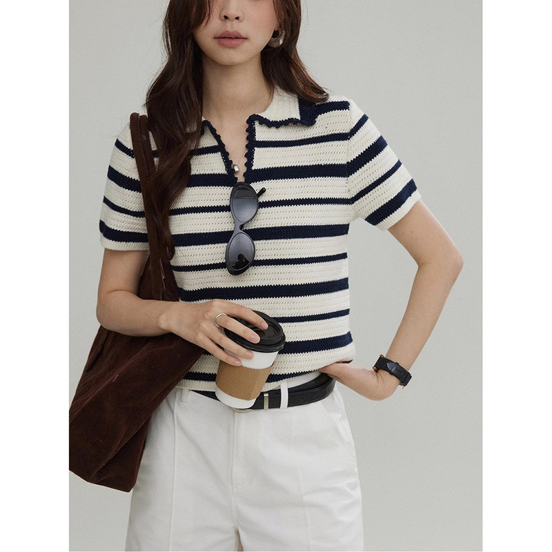 Joli Chose Contrasting Color Striped Knitted Short-Sleeved T-Shirt for Women 26 Summer Polo Collar Casual Work Clothing Versatile Top