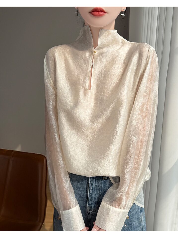 Áo sơ mi nữ cổ đứng tay dài vải Tencel mỏng nhẹ kiểu chui đầu — Màu hồng, Màu trắng, màu đen chi tiết 12