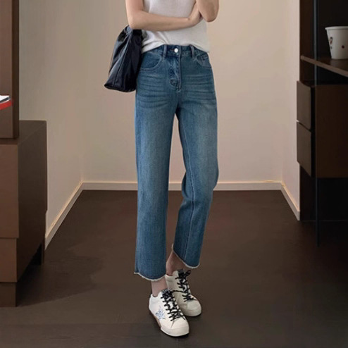 Unrestrained Straight-Leg Pants, High-Waisted, Slim, Comfortable, Breathable, Straight-Leg Casual, Versatile, Four-Way Stretch Raw Edge Jeans