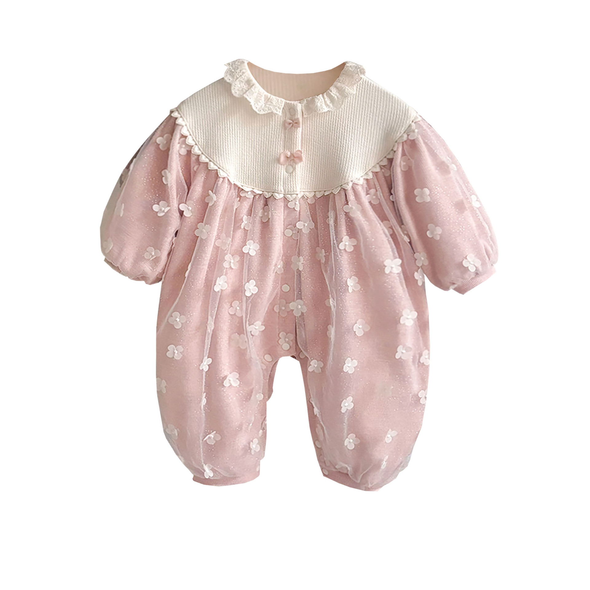 2025 nuevo estilo de primavera dulce ropa de bebé de flores pequeñas tridimensionales linda y súper linda bebé mamadera de manga larga ropa de salida