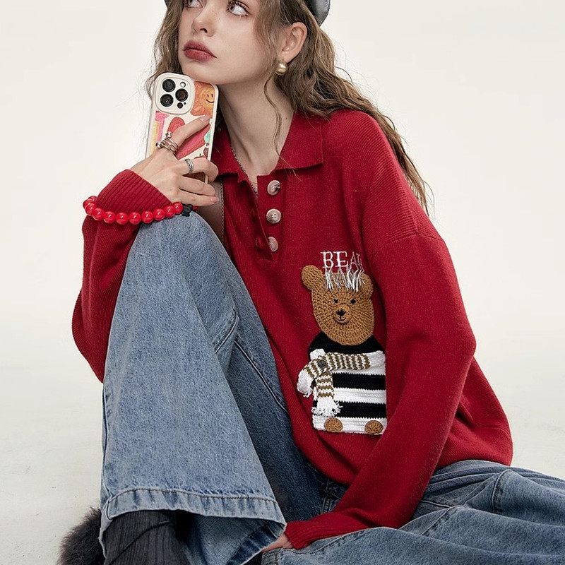 Fairy's Pocket Polo Collar Long Sleeve Sweater Women's 2025 Autumn and Winter New College Style Loose Blouse Top