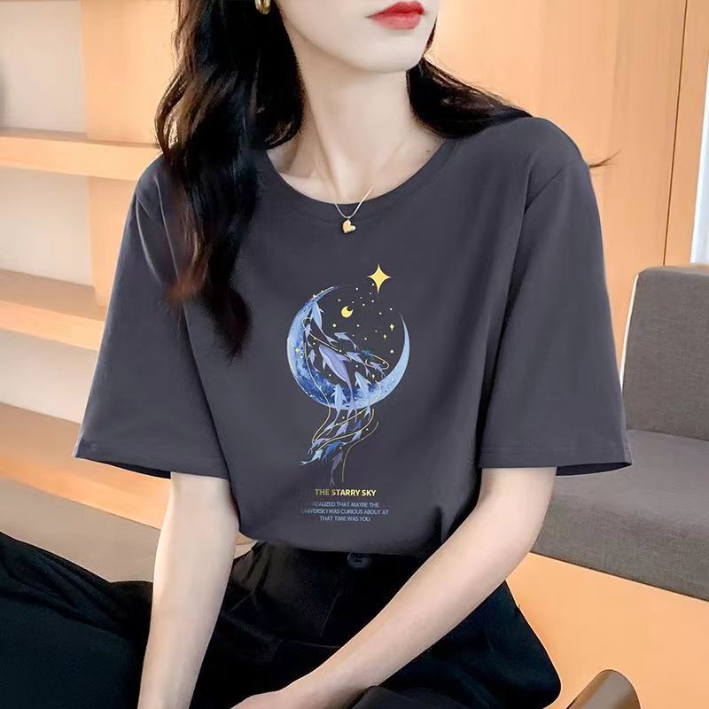 Loose Cotton Short-Sleeved T-Shirt for Women, New Summer Wear, Inner Top, Right Shoulder Design, Sweatshirt for Women, Round Neck, Spring & Fall