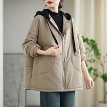 2025冬季新款 复古简约拼接贴布口袋棉衣 宽松连帽开衫外搭上衣女