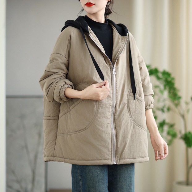 2025冬季新款 复古简约拼接贴布口袋棉衣 宽松连帽开衫外搭上衣女