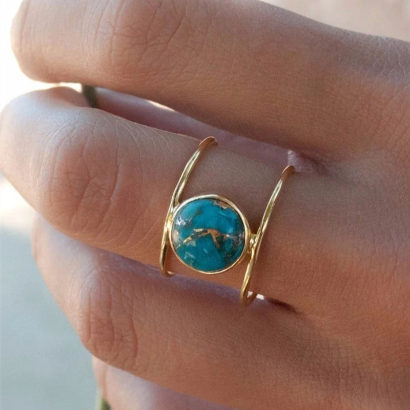 Cao Shi Hot Sale wish European and American Women's Ring Exaggerated Round Imitation Turquoise Ring Niche Design Jewelry