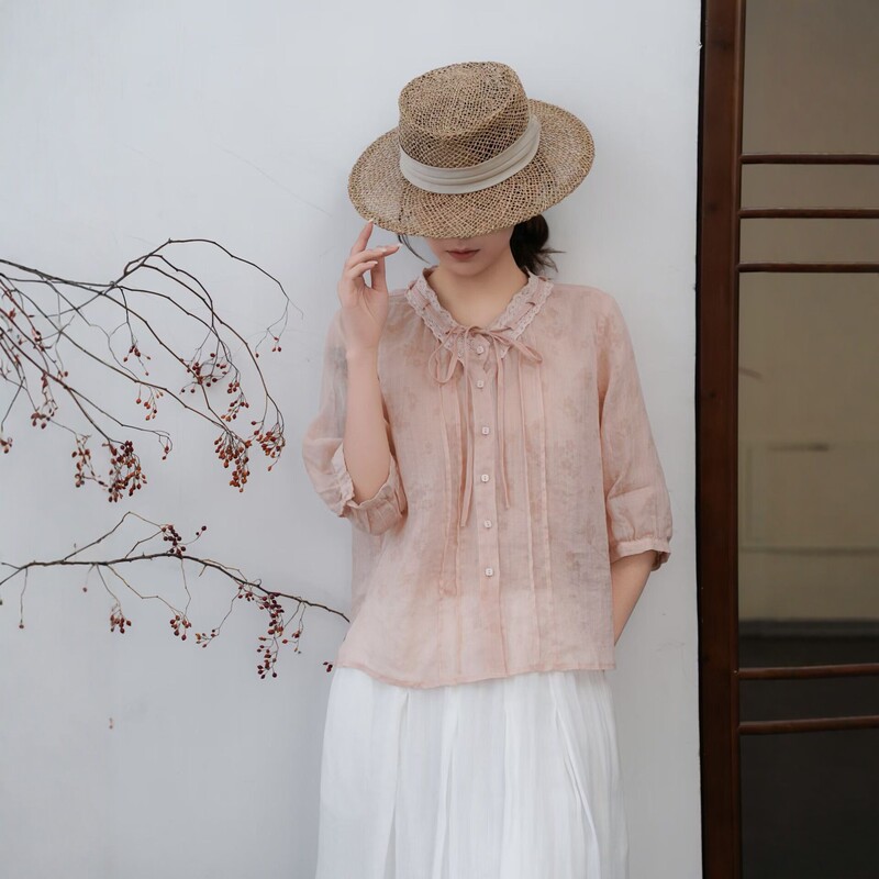 Vintage Ramie Shirt for Women, New Summer Loose Fit with Five-Quarter Sleeves, Lace Collar, Tie-Up Blouse, Lightweight and Breathable Top T-Shirt