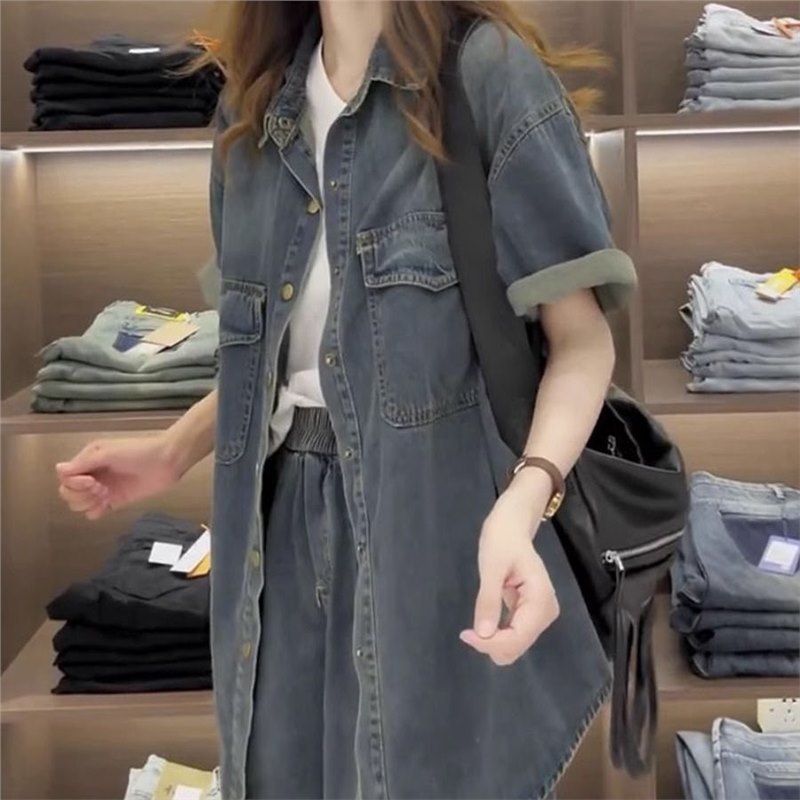 梨形身材穿搭大码女装2023年牛仔外套短裤宽松显瘦两件套时尚套装|undefined