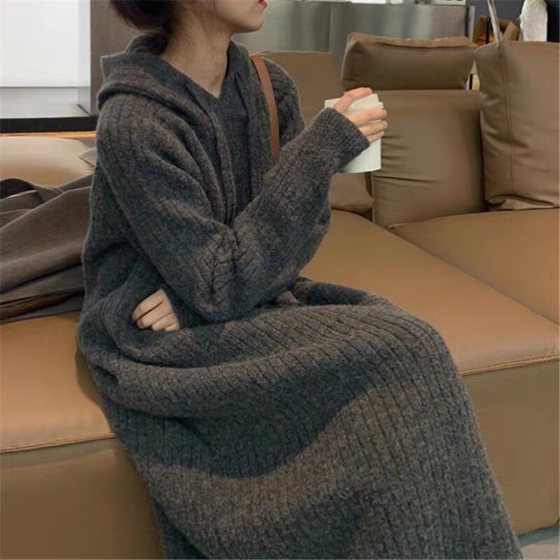 Korean Style Mid-Length Hooded Knitted Dress for Women in Autumn and Winter New Loose Slimming Look Lazy Pullover Bottoming Sweater Dress