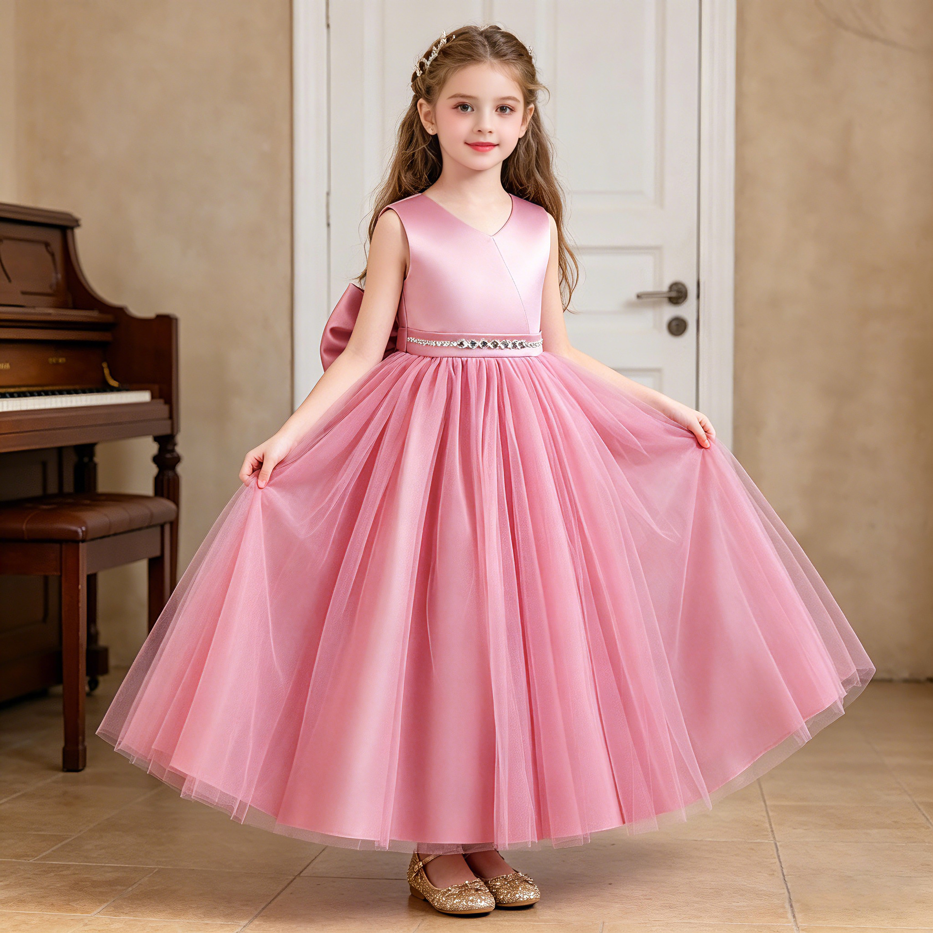 Vestido de niña transfronteriza vestido de princesa de arco largo vestido de piano para niños vestido de rendimiento 8619