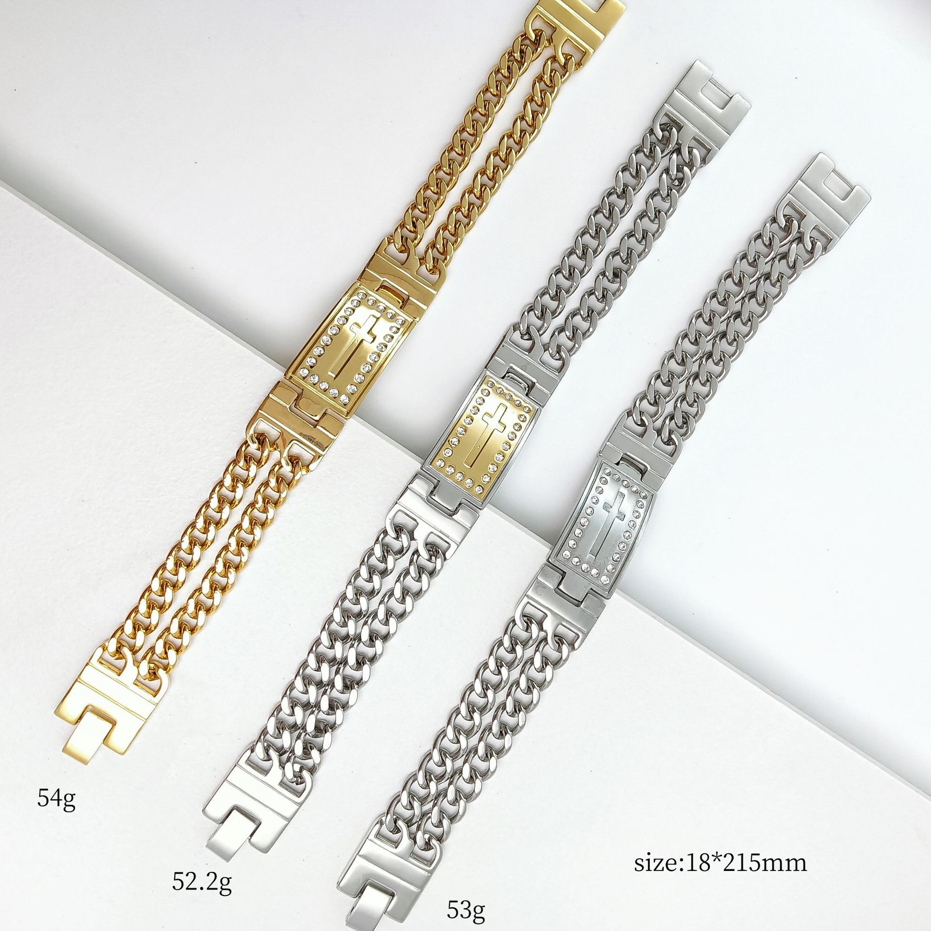 Bracelet épais double couche en forme de croix, serti de diamants, en acier inoxydable et titane, style hip-hop, bijou tendance pour homme_voghion.com