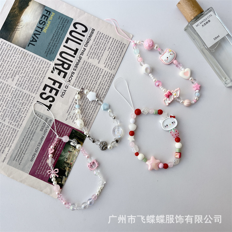 New KT cat girl mobile phone pendant sweet cute handmade mobile phone chain CCD camera lanyard beaded pendant