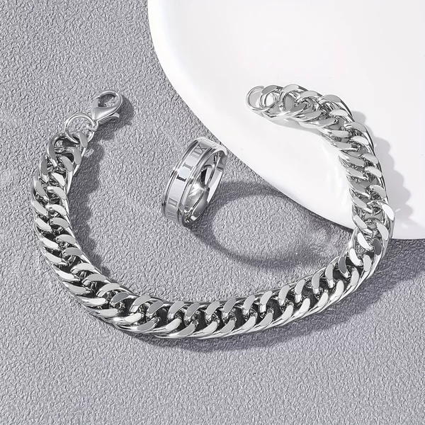 Stainless Steel Cuban Chain Bracelet and Ring Set, Unisex, European and American Hip-Hop Style, Fashionable and Versatile Trendy Jewelry