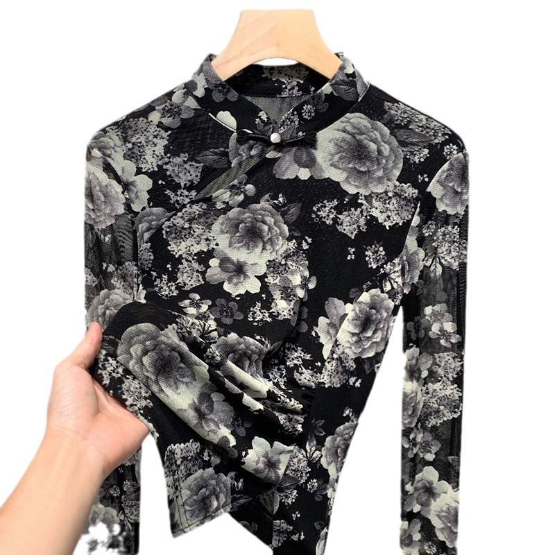 Camiseta de impresión de manga larga negra de estilo nacional para mujeres 2025 primavera nueva ropa de mujer nueva chaqueta china de cuello de botón image 6