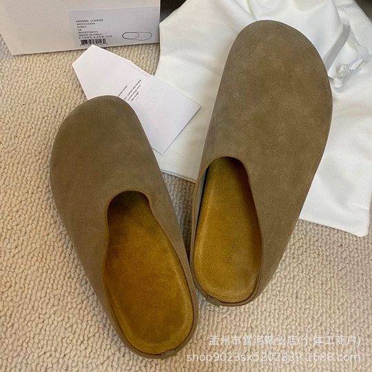 2024 Spring and Autumn New Men's and Women's All-match Retro Genuine Leather Half Slippers Muller Shoes Row Burken Shoes Flat Toe Slippers
