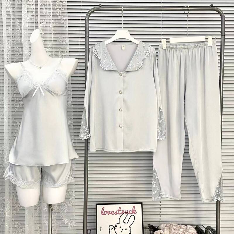 [soft light lily of the valley] new girls French cardigan palace style pajamas women ice silk suit women's lace can be worn outside