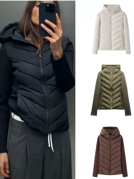 Cross-border wholesale of women's clothing for export: 2026 autumn/winter collection of new European and American style long-sleeved hooded patchwork cotton coats