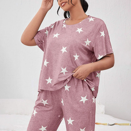 European and American Autumn/Winter New Casual Homecoming Set Short Sleeve Long Pants European and American Style Star Full Print Pajamas for Women Cross-border