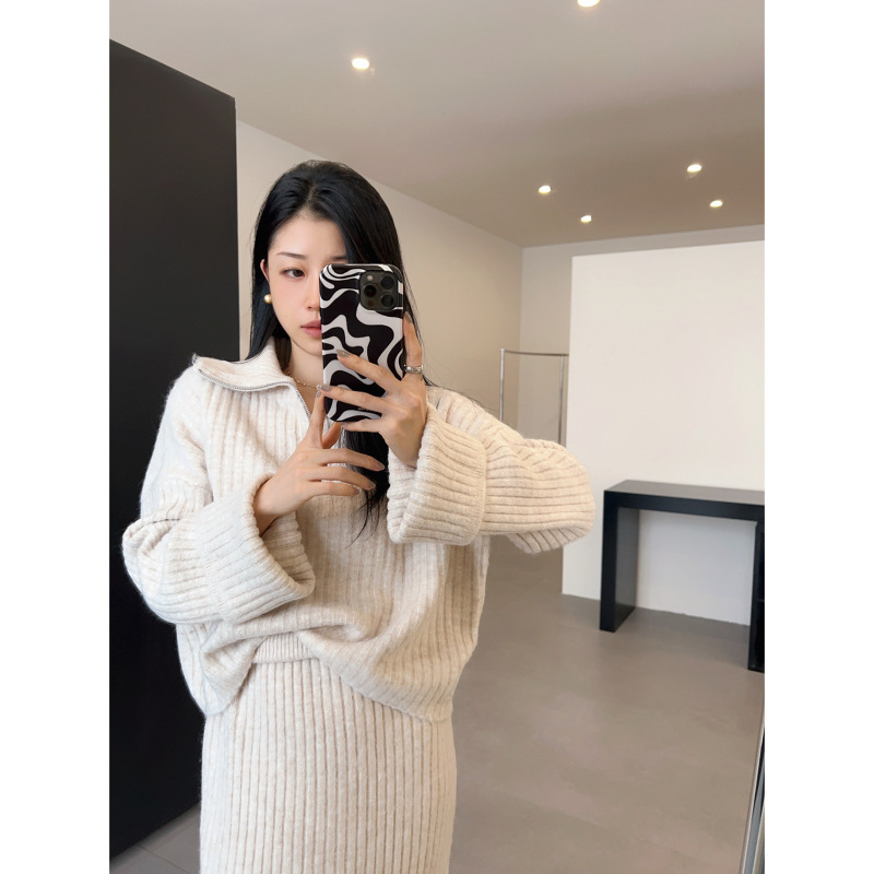 慵懒风半拉链翻领毛衣套装女秋冬季韩版宽松休闲针织半身裙两件套|undefined