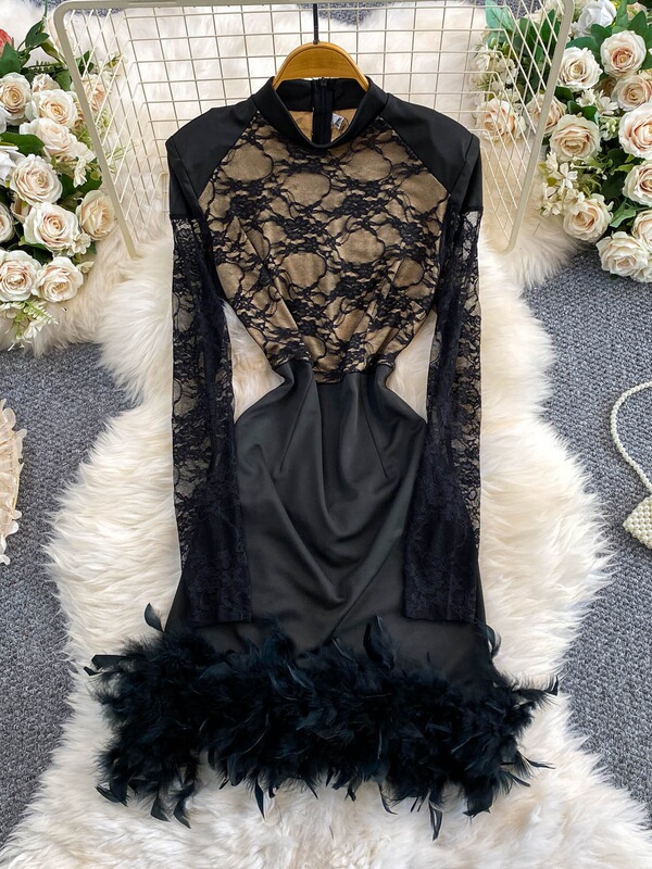 Sexy and elegant black lace patchwork dress for women, 2026 new style, slim fit, waist-cinching, with fluffy embellishments, exuding a sophisticated aura Sexy and elegant black lace patchwork dress for women, 2026 new style, slim fit, waist-cinching, with fluffy embellishments, exuding a sophisticated aura