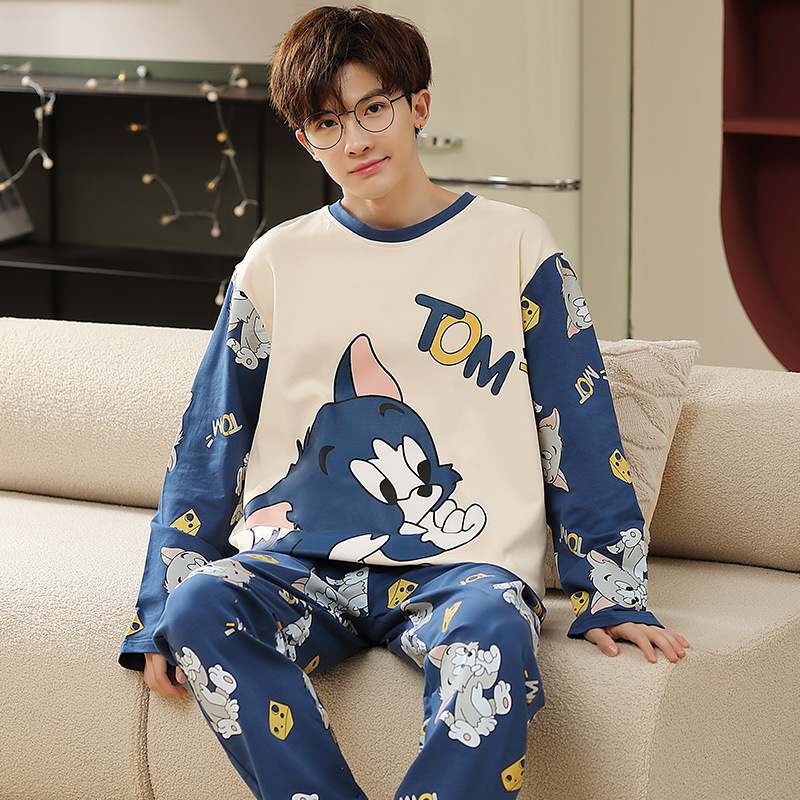 2025 New Men's Pajamas Spring & Fall Long-Sleeved Large Size Loose and Cute Teenagers Can Wear Home Clothes Set